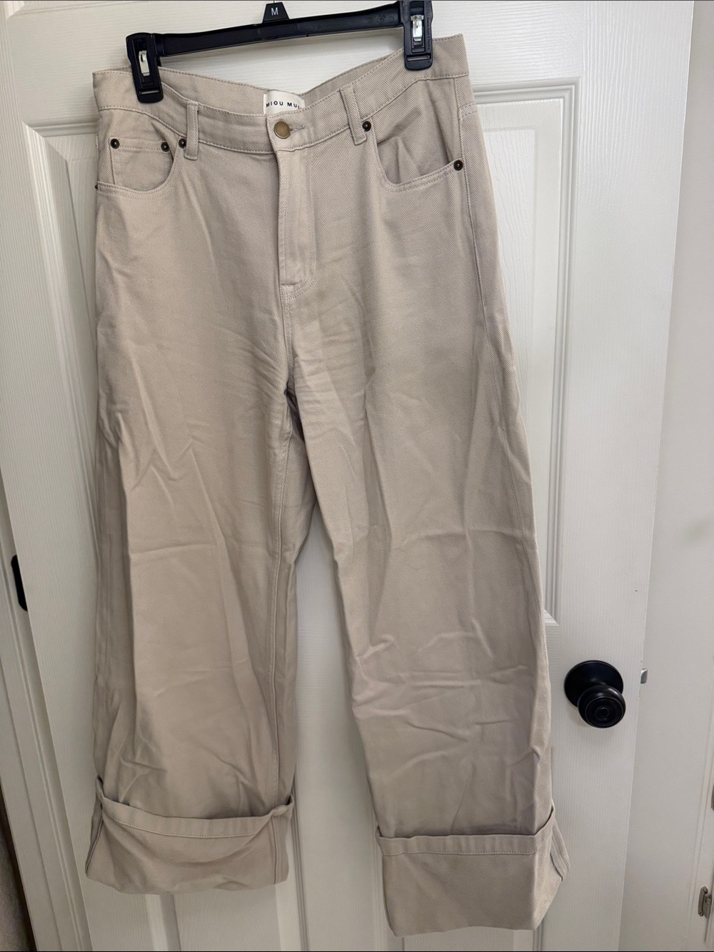 Miou Muse Wide Leg Cuff Khaki Women's Pants — Wide Leg Trousers Style
